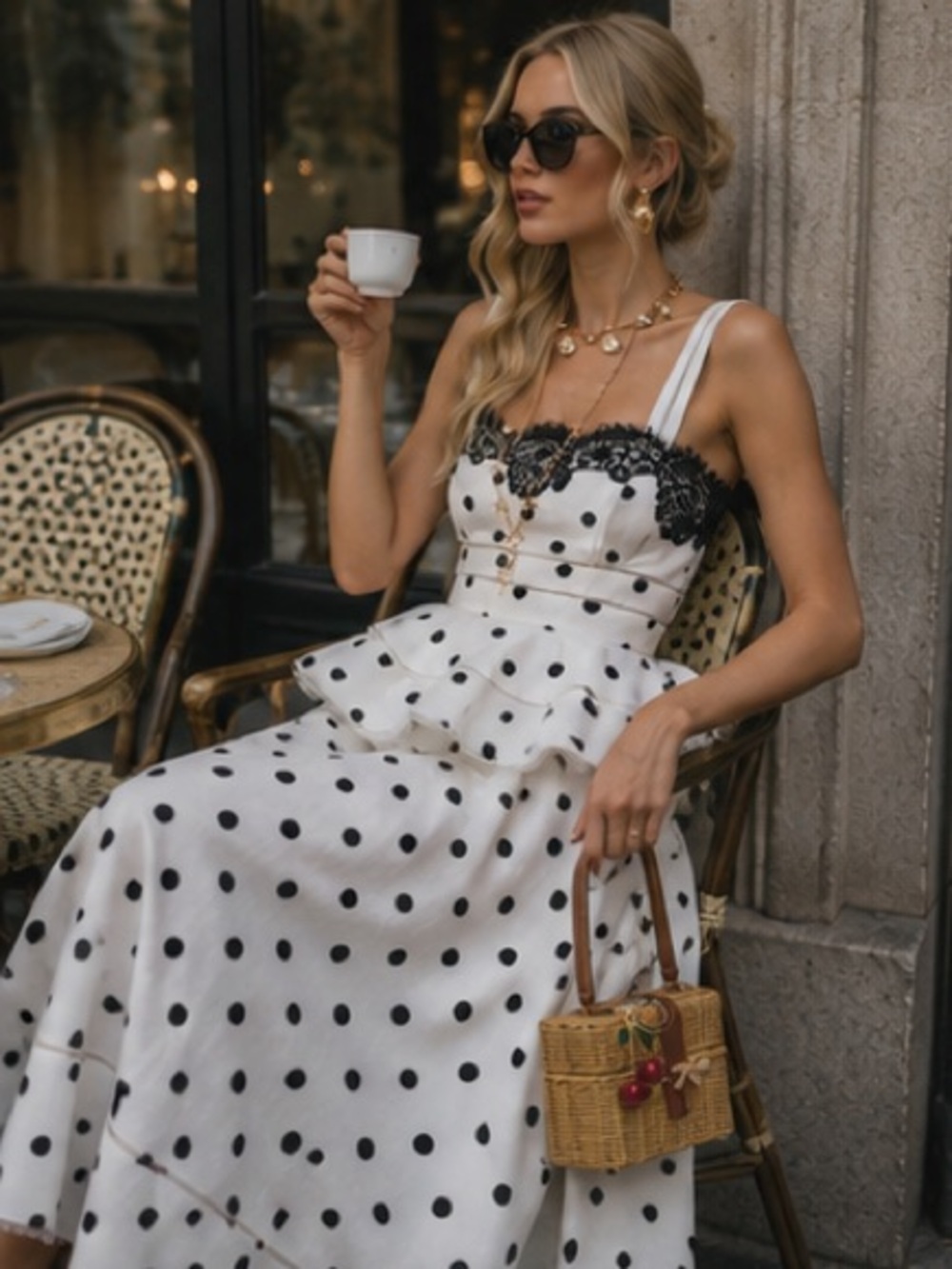 Self-Portrait White Polka Dot Midi Dress with Black Lace Trim - Picture 6 of 13